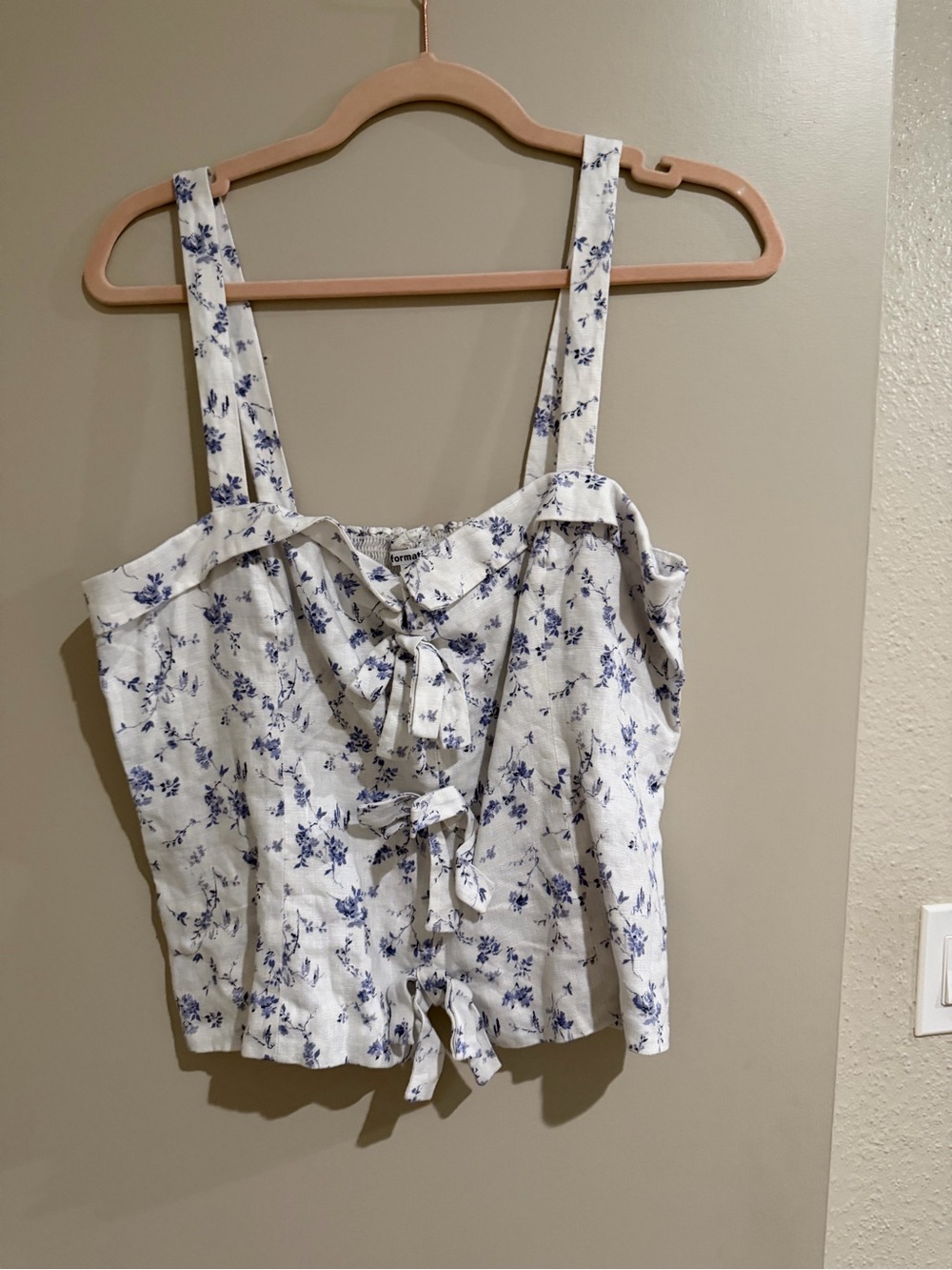 REFORMATION Blue Floral Tie-Front Linen Blend Tank Top